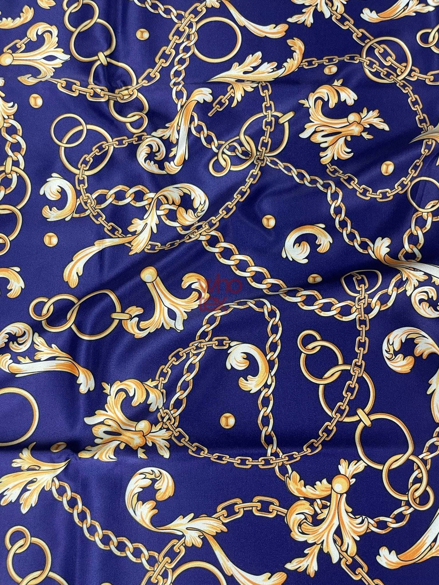 Royal Blue Fabric with Gold Chains & Baroque Scrolls – Custom Printed Fabric on Satin, Crepe, Spandex or Chiffon