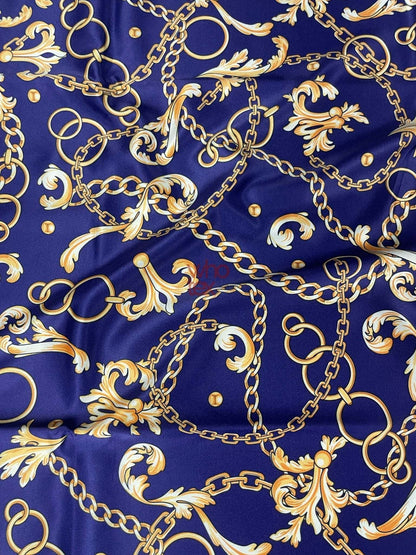Royal Blue Fabric with Gold Chains & Baroque Scrolls – Custom Printed Fabric on Satin, Crepe, Spandex or Chiffon