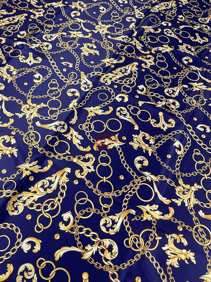 Royal Blue Fabric with Gold Chains & Baroque Scrolls