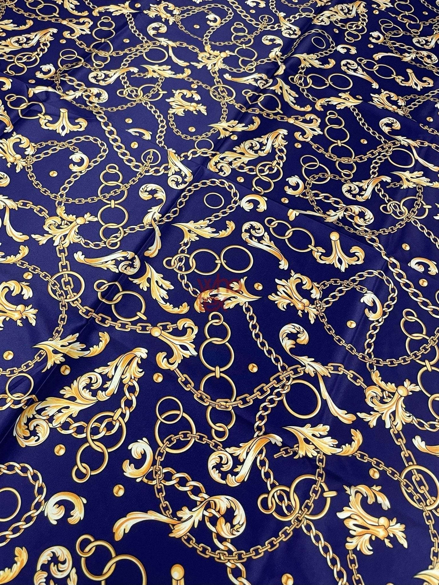 Royal Blue Fabric with Gold Chains & Baroque Scrolls – Custom Printed Fabric on Satin, Crepe, Spandex or Chiffon