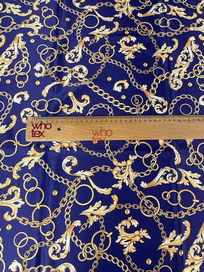 Royal Blue Fabric with Gold Chains & Baroque Scrolls – Custom Printed Fabric on Satin, Crepe, Spandex or Chiffon