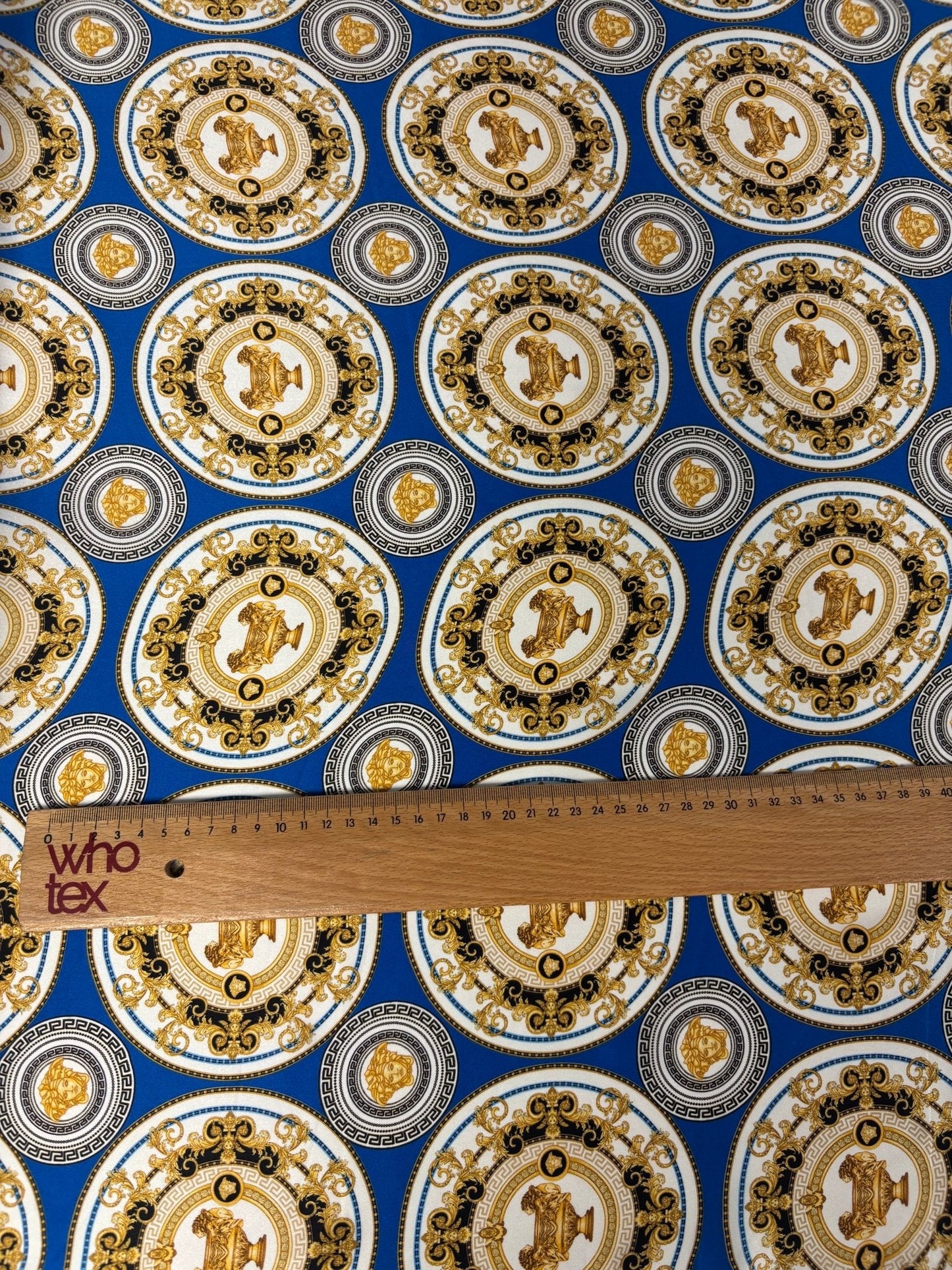 Royal Blue & Gold Satin Fabric by the Metre – Baroque Medallion