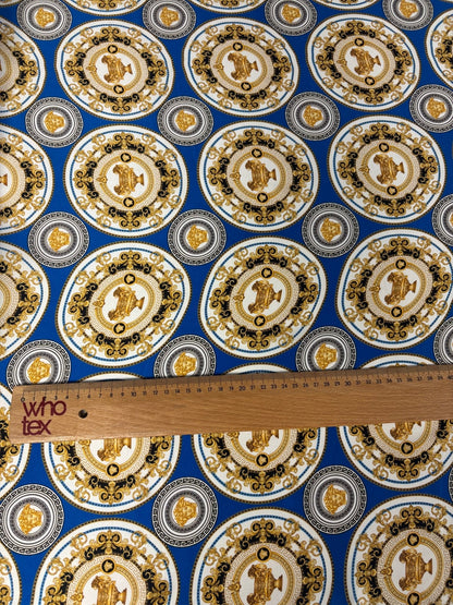 Royal Blue & Gold Satin Fabric by the Metre – Baroque Medallion