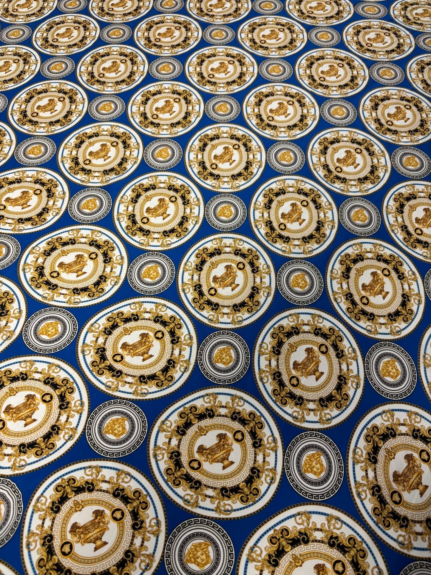 Royal Blue & Gold Satin Fabric by the Metre – Baroque Medallion