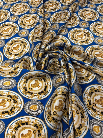 Royal Blue & Gold Satin Fabric by the Metre – Baroque Medallion