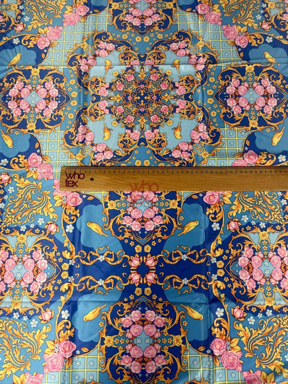 Royal Blue Ornate Fabric with Roses, Birds, and Gold Scrolls – Multiple Fabric Options, Sold by Metre