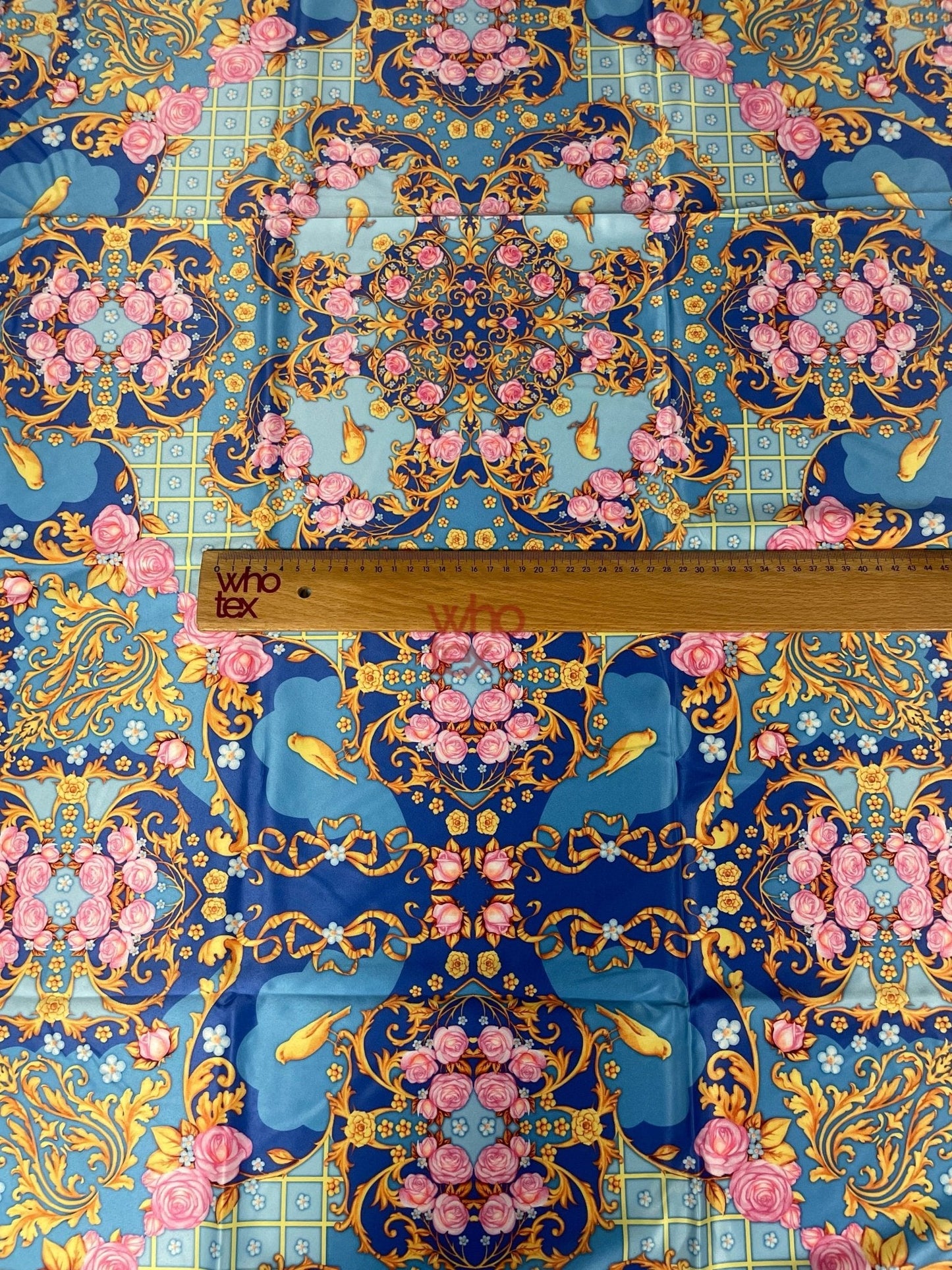 Royal Blue Ornate Fabric with Roses, Birds, and Gold Scrolls