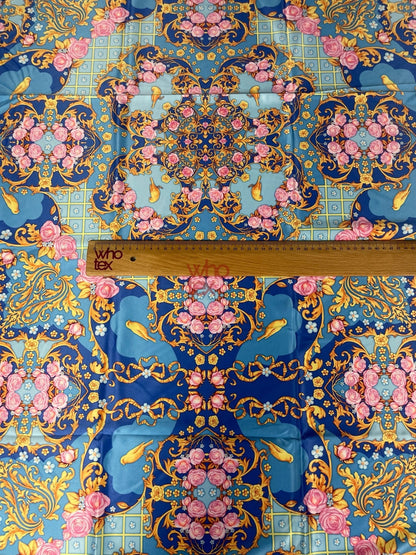 Royal Blue Ornate Fabric with Roses, Birds, and Gold Scrolls