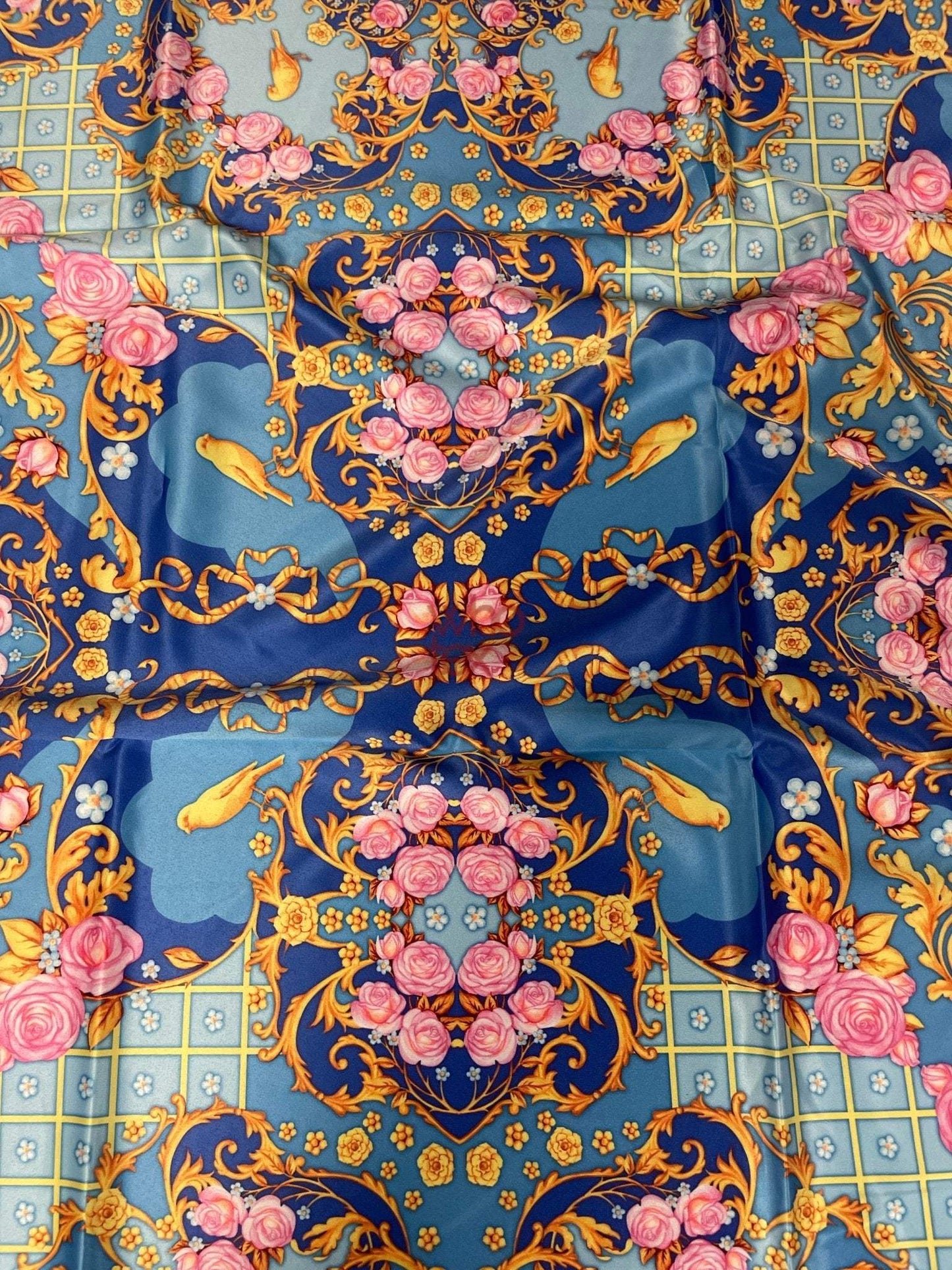 Royal Blue Ornate Fabric with Roses, Birds, and Gold Scrolls – Multiple Fabric Options, Sold by Metre