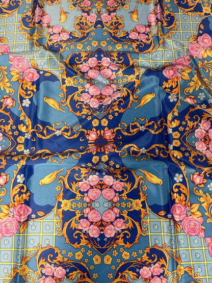 Royal Blue Ornate Fabric with Roses, Birds, and Gold Scrolls – Multiple Fabric Options, Sold by Metre