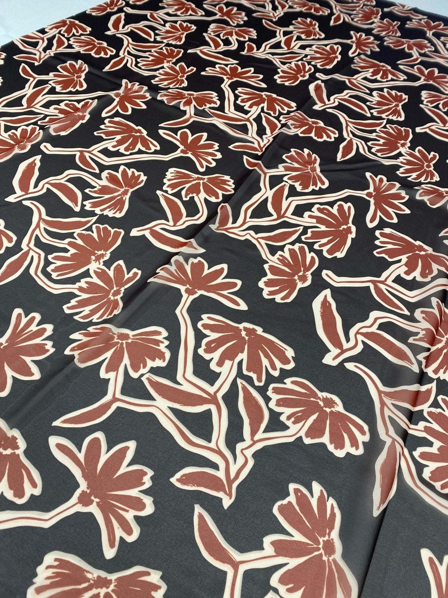 Rust Red Floral Print Fabric on Black Background – Custom Printed Fabric, Choose Material by Metre