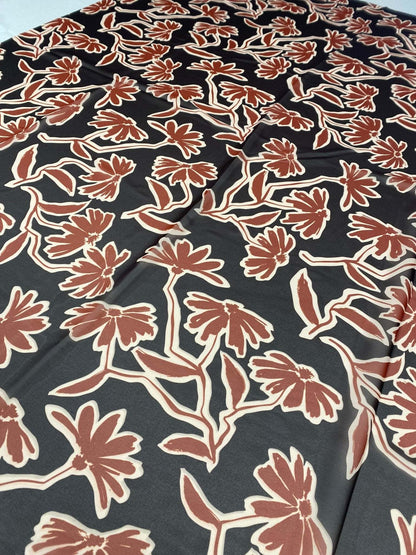 Rust Red Floral Print Fabric on Black Background – Custom Printed Fabric, Choose Material by Metre