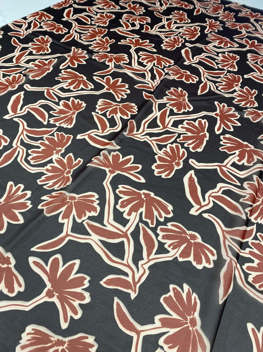 Rust Red Floral Print Fabric on Black Background