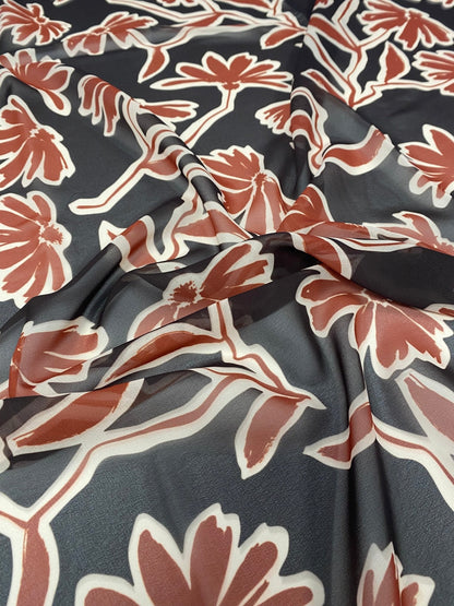 Rust Red Floral Print Fabric on Black Background