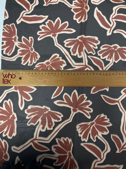 Rust Red Floral Print Fabric on Black Background – Custom Printed Fabric, Choose Material by Metre