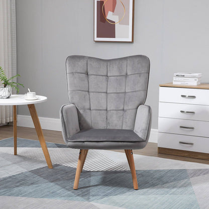 Accent Chair VelvetTufted Wingback Armchair Club Chair with Wood Legs Grey