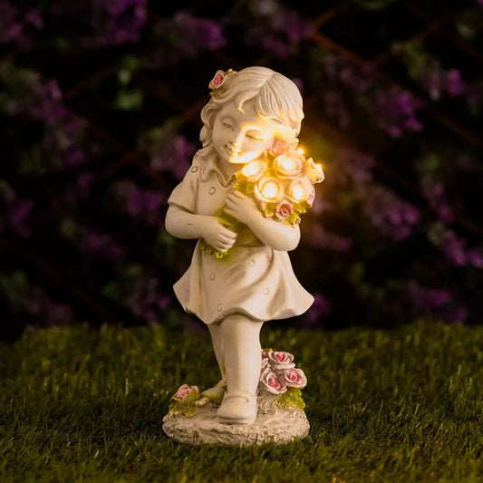 Solar Fairy Ornament Light Garden Decoration Stone Effect Girl Flowers Lighting
