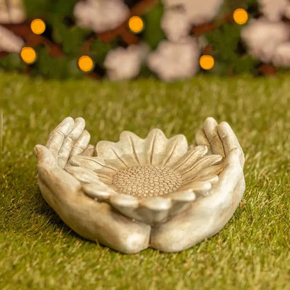 Stone Effect Sunflower Ornament Garden Bird Water Feeder Bath Decor Hands