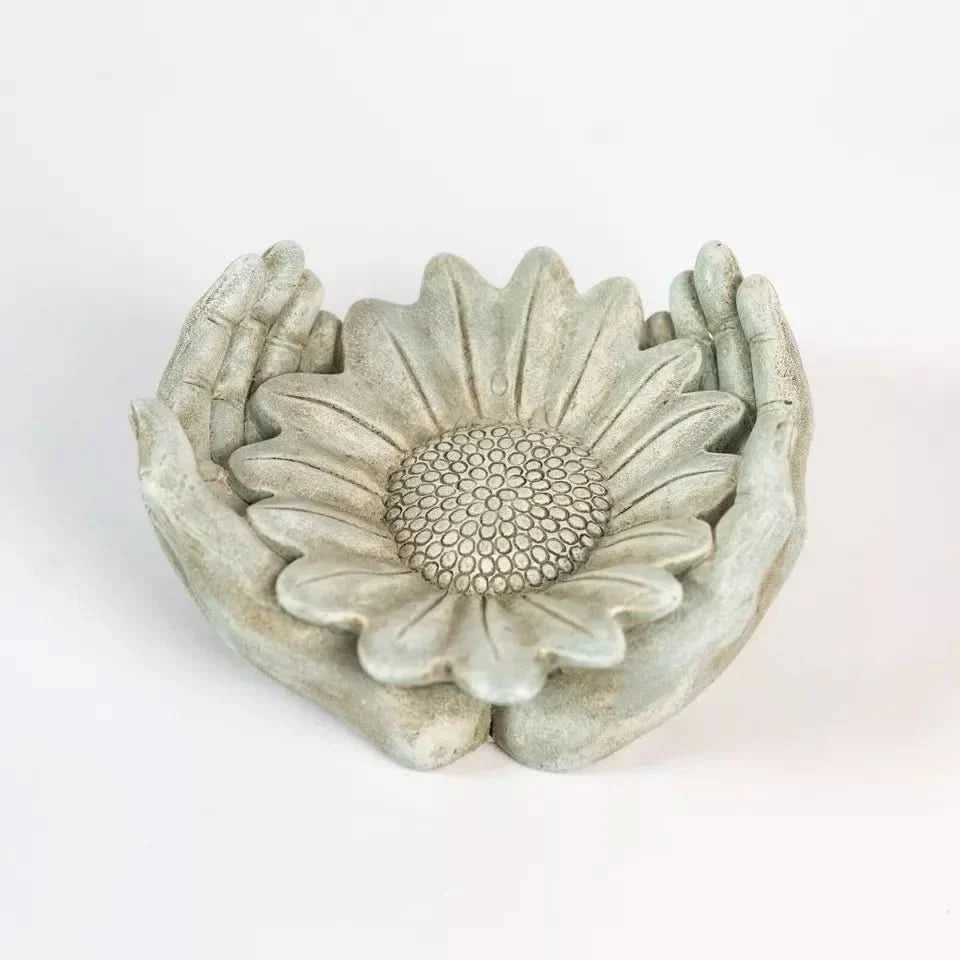 Stone Effect Sunflower Ornament Garden Bird Water Feeder Bath Decor Hands