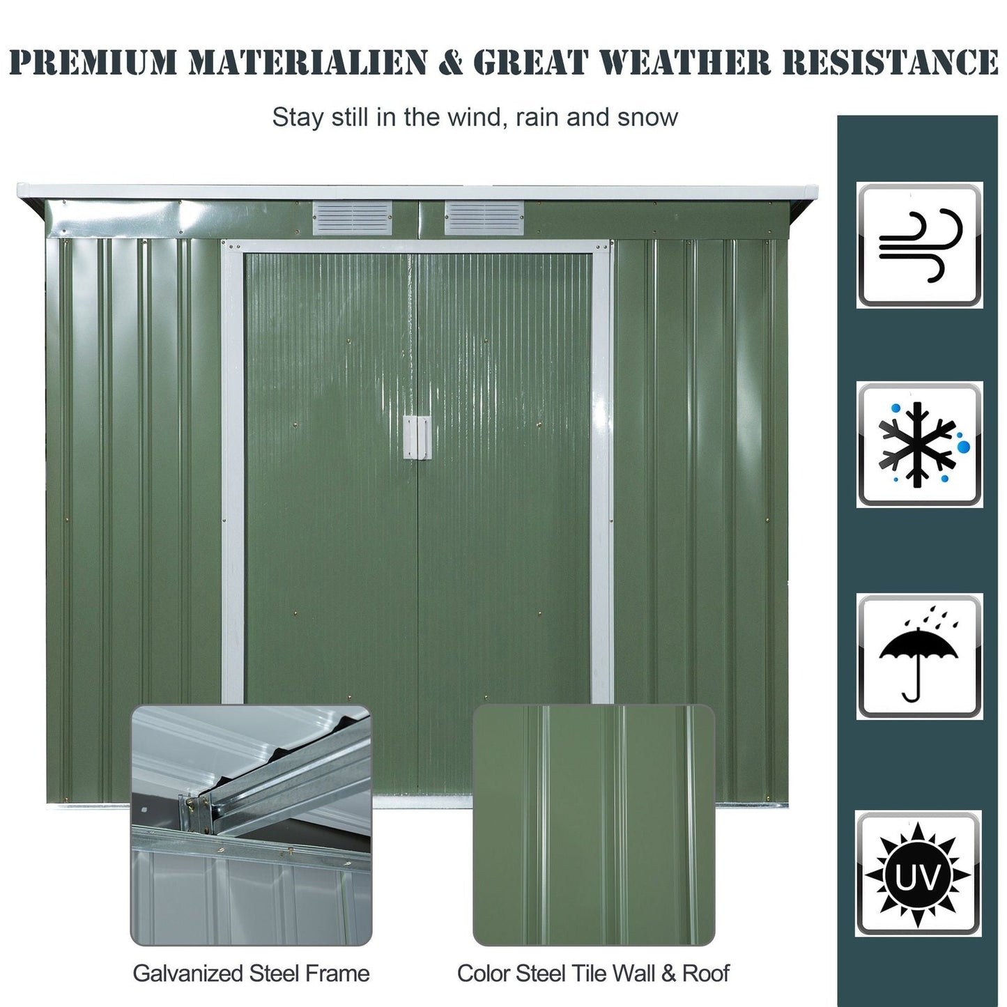 Galvanised 7 x 4' Double Door Pent Garden Store With Ventilation Steel Green by Steadfast