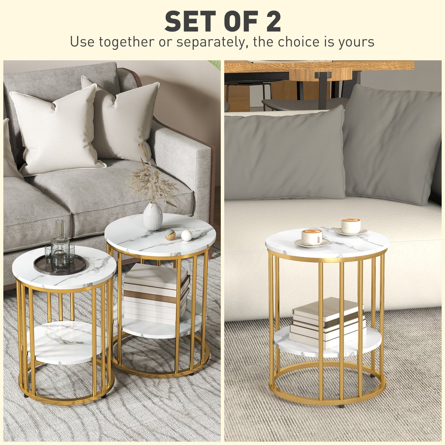 HOMCOM Marble-Effect Round Coffee Table Set of 2 for Living Room, Gold Tone