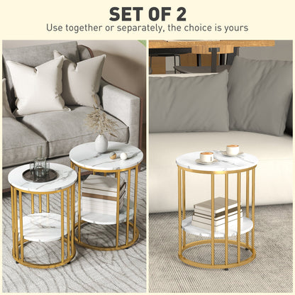 HOMCOM Marble-Effect Round Coffee Table Set of 2 for Living Room, Gold Tone
