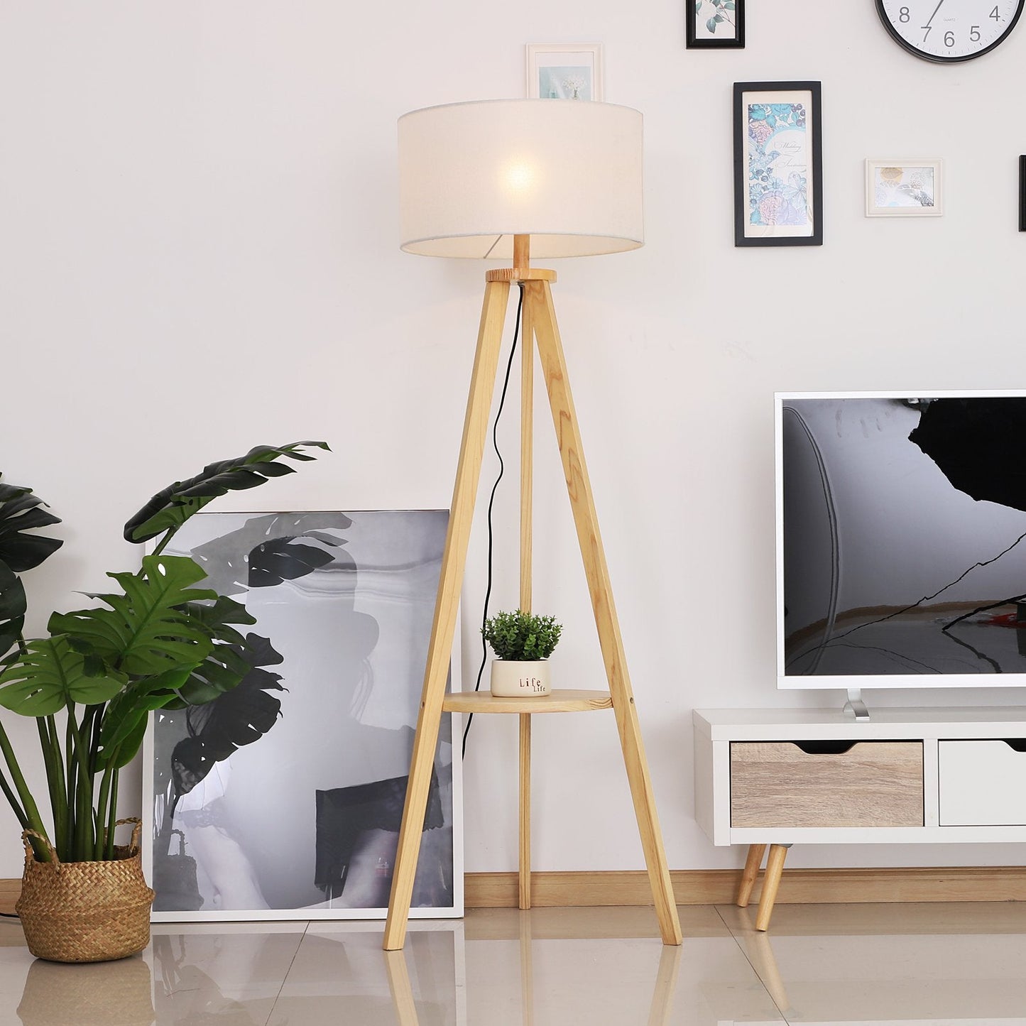 Free Standing Tripod Floor Lamp Bedside Light Reading Light With Storage Shelf Linen Shade For Living Room Bedroom