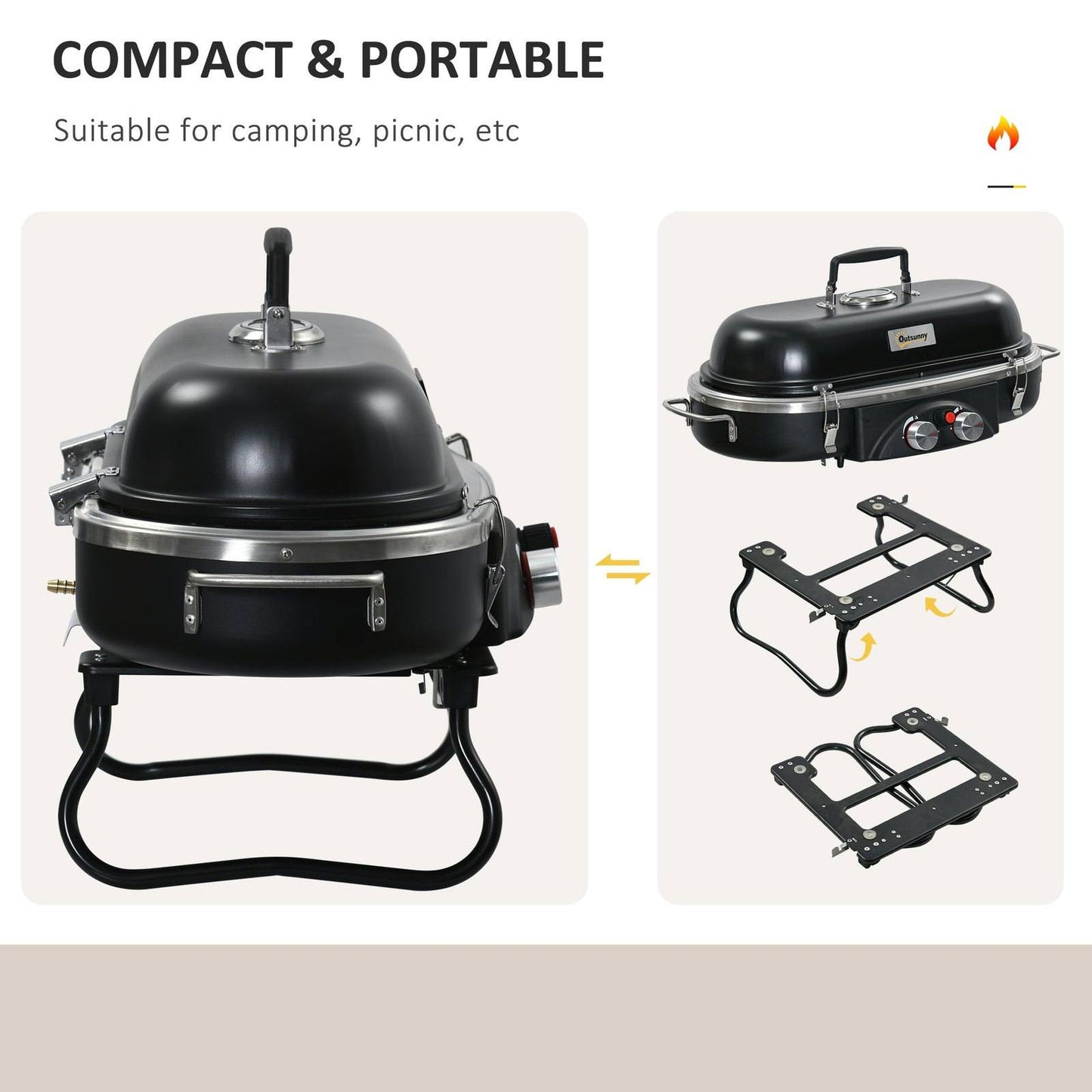 Foldable Gas BBQ Grill 2 Burner Table Top Barbecue with Lid Piezo Ignition Thermometer for Camping Picnic Cooking