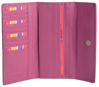 SADDLER CLAIRE Long Leather Trifold Purse - 18 Card Slots, Dual Zip Pockets, and Note Sections - RFID Protected