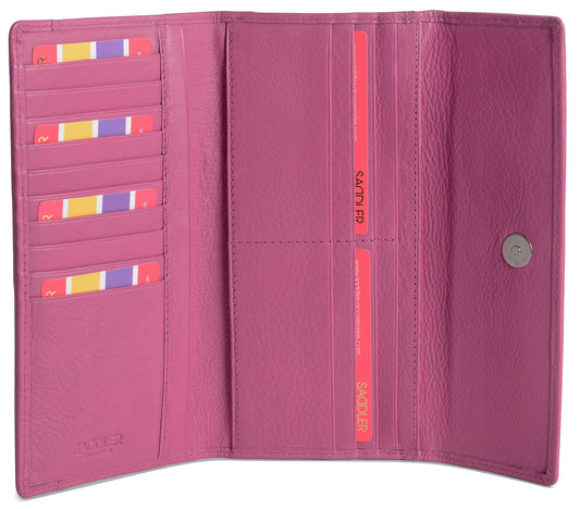 SADDLER CLAIRE Long Leather Trifold Purse - 18 Card Slots, Dual Zip Pockets, and Note Sections - RFID Protected