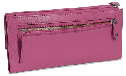 SADDLER CLAIRE Long Leather Trifold Purse - 18 Card Slots, Dual Zip Pockets, and Note Sections - RFID Protected