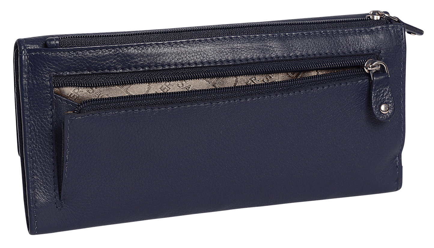 SADDLER CLAIRE Long Leather Trifold Purse - 18 Card Slots, Dual Zip Pockets, and Note Sections - RFID Protected