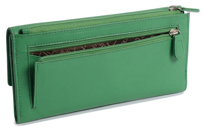 SADDLER CLAIRE Long Leather Trifold Purse - 18 Card Slots, Dual Zip Pockets, and Note Sections - RFID Protected