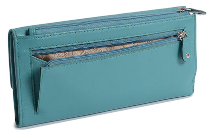 SADDLER CLAIRE Long Leather Trifold Purse - 18 Card Slots, Dual Zip Pockets, and Note Sections - RFID Protected
