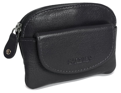 Compact Leather Zip-Top Coin Purse "Molly" – Handmade by Saddler | RFID Protected & Gift Boxed | With Front Pocket & Interior Key Ring
