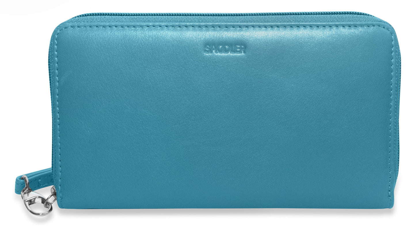 SADDLER SOPHIA Leather Zip Around Purse  - 15 Card slots, Mobile Phone Pocket,  Detachable Wrist Strap- RFID Protected