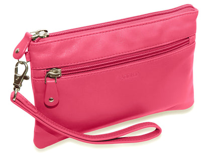 SADDLER SCARLETT Leather Zip Top Mini Clutch - Phone Holder with Detachable Wrist Strap - RFID Protected