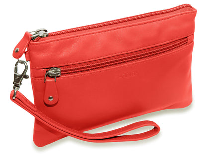 SADDLER SCARLETT Leather Zip Top Mini Clutch - Phone Holder with Detachable Wrist Strap - RFID Protected