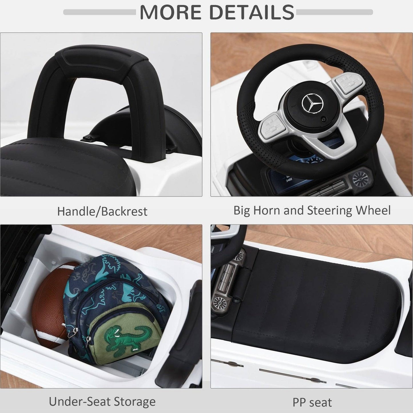 Benz G350 Push Handle Sliding Car w/Horn No Power Under Seat Storage White
