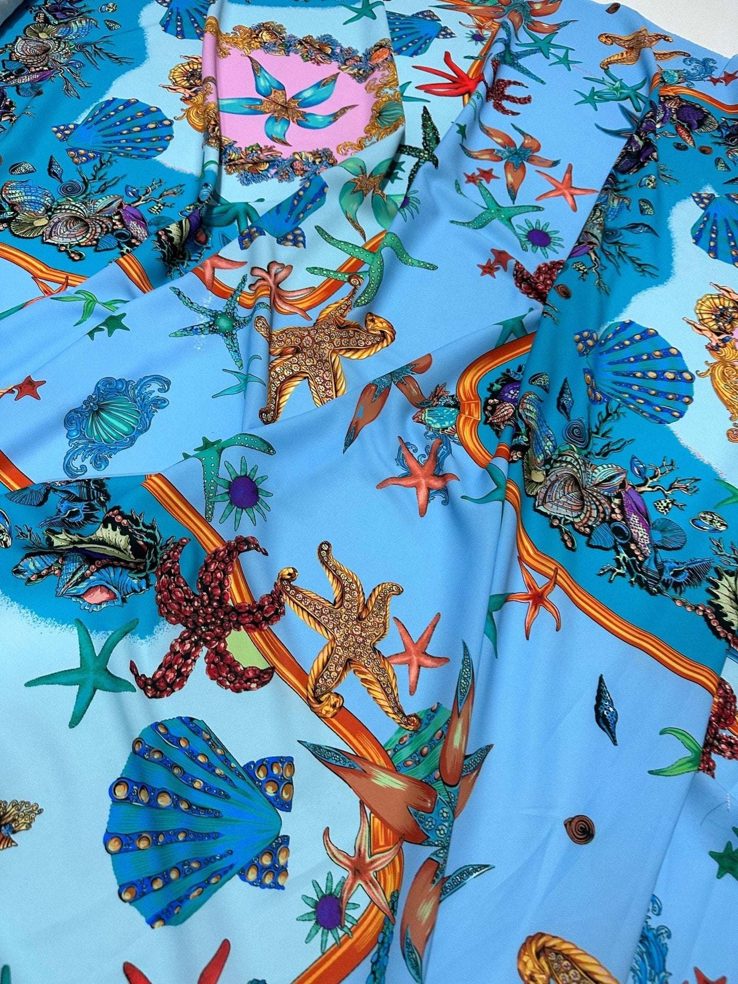 Baby Blue Oyster Sea Shell Fabric – Multiple Fabric Options, Sold by Metre