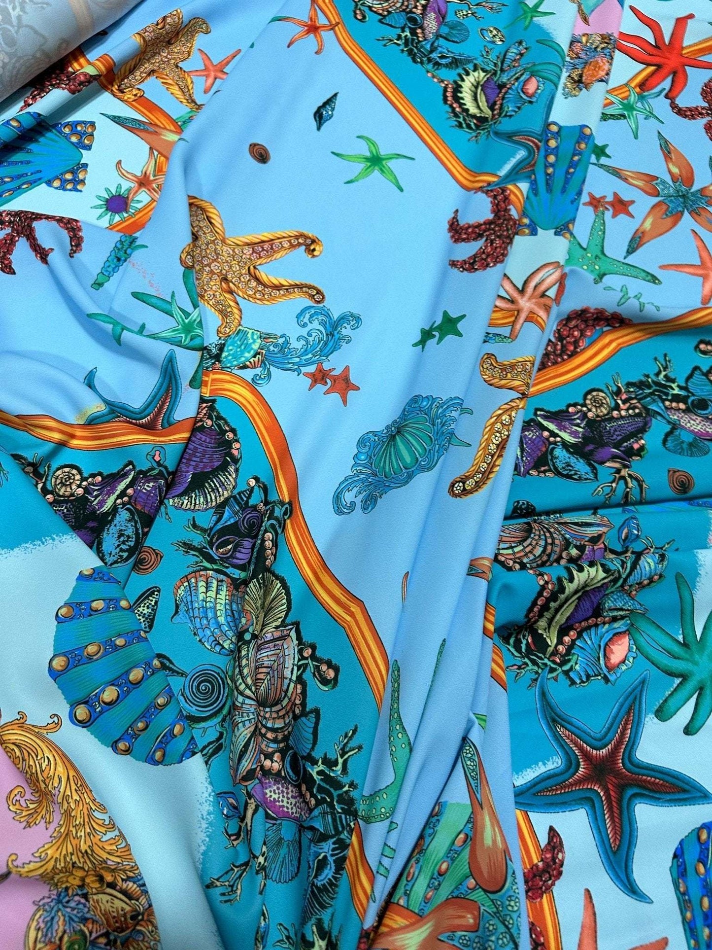 Baby Blue Oyster Sea Shell Fabric – Multiple Fabric Options, Sold by Metre