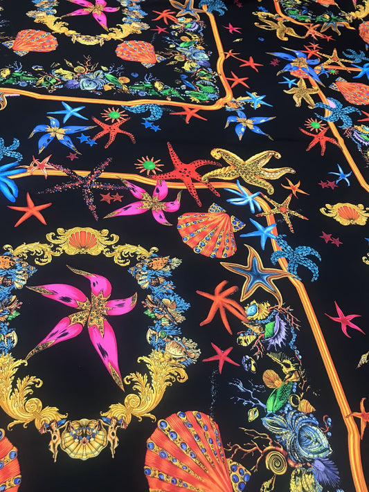 Black  Pink Starfish Sea Shell Pattern Fabric