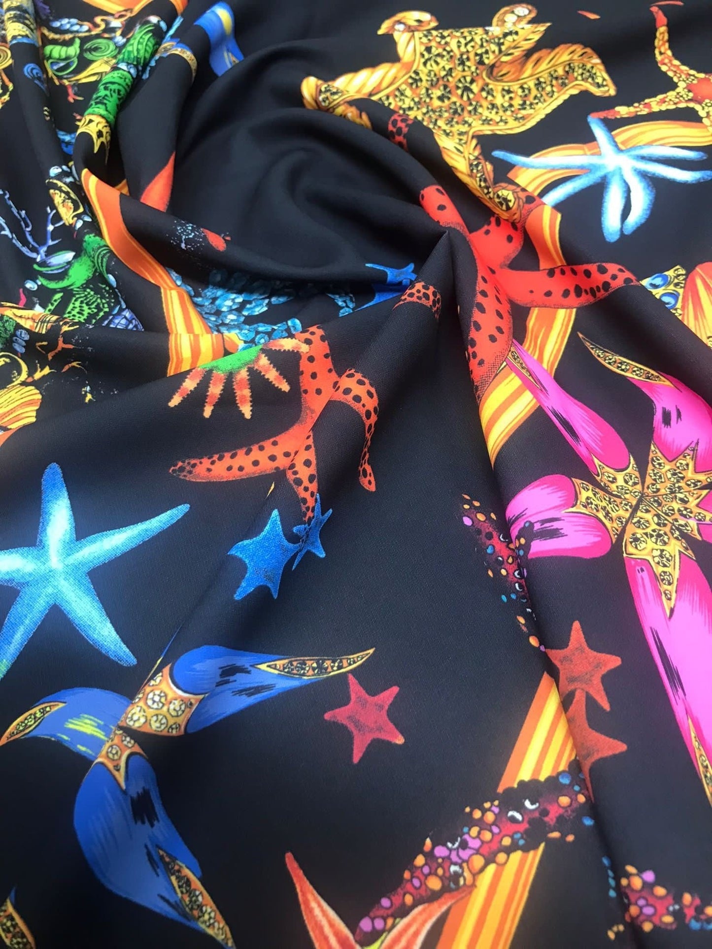 Black  Pink Starfish Sea Shell Pattern Fabric