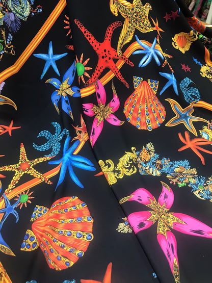 Black  Pink Starfish Sea Shell Pattern Fabric