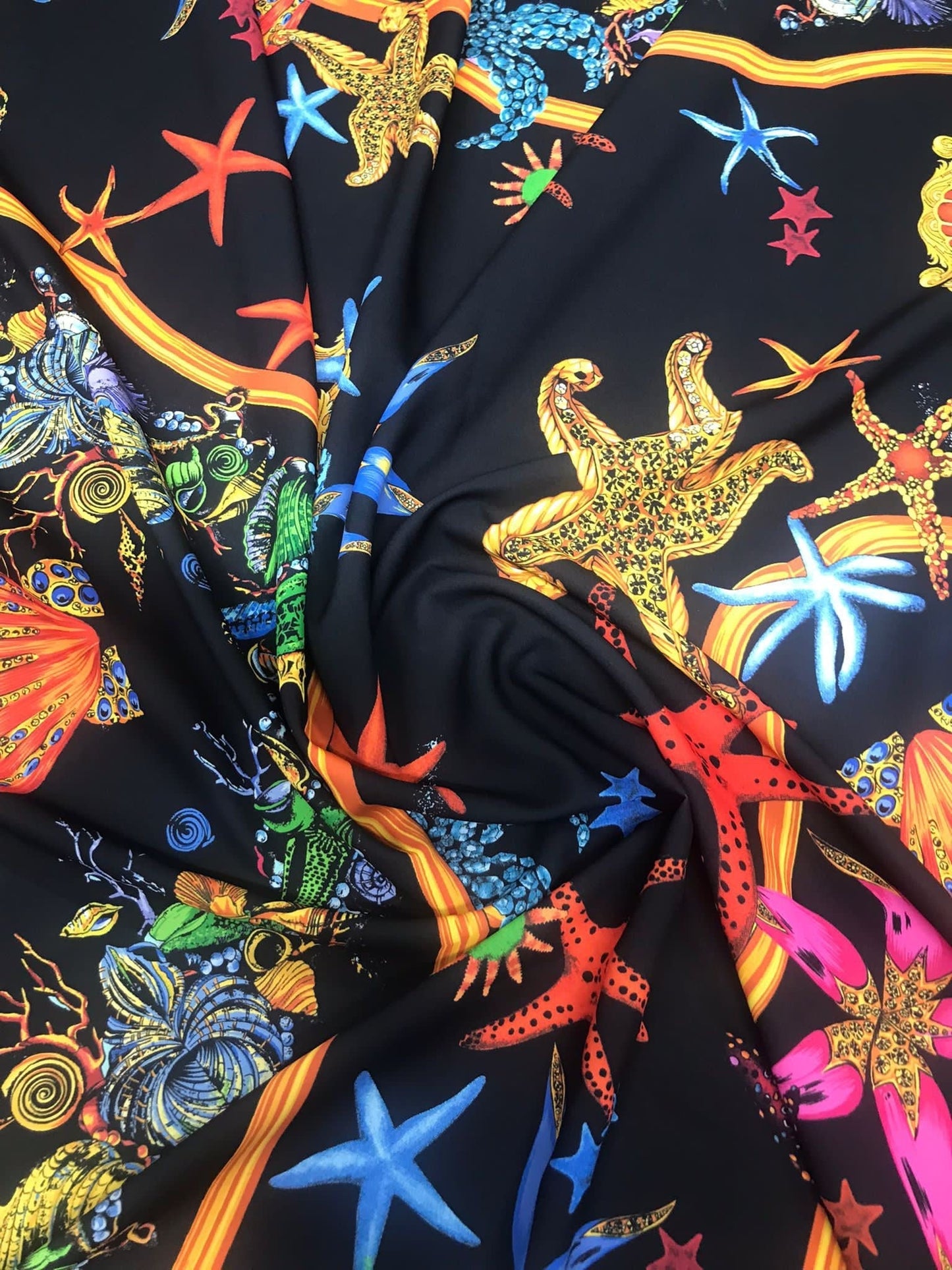 Black  Pink Starfish Sea Shell Pattern Fabric