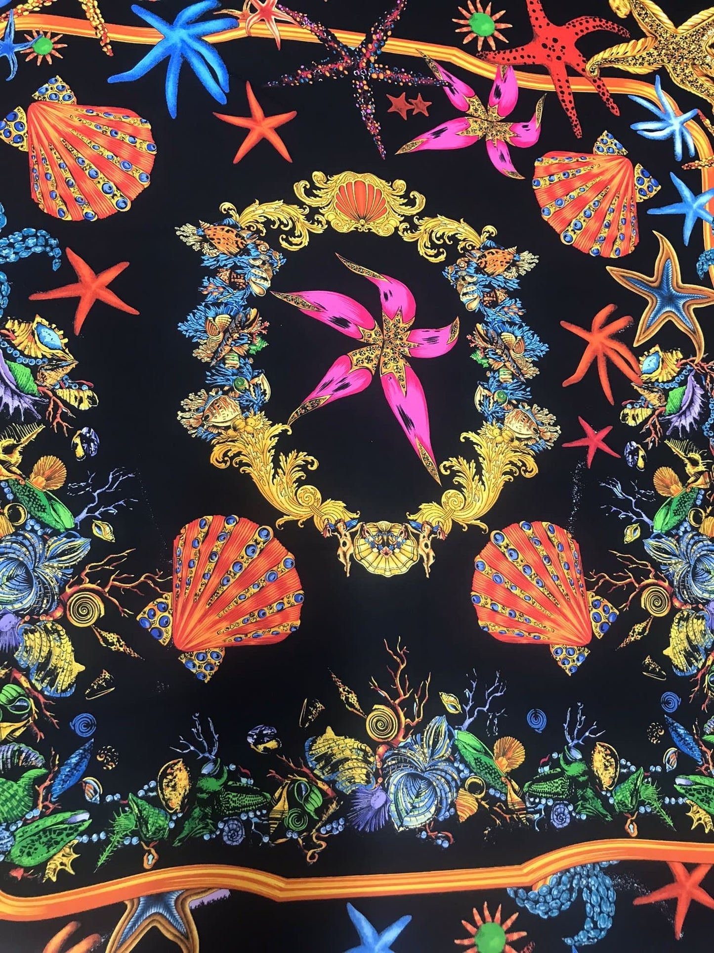 Black  Pink Starfish Sea Shell Pattern Fabric