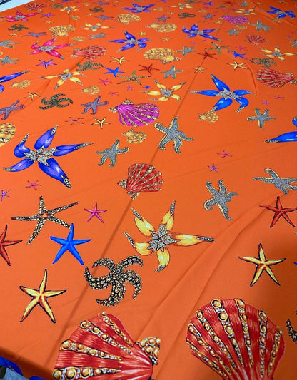 Orange Oyster Sea Shell Pattern Fabric – Available in Satin, Crepe, Spandex & Chiffon | By Metre