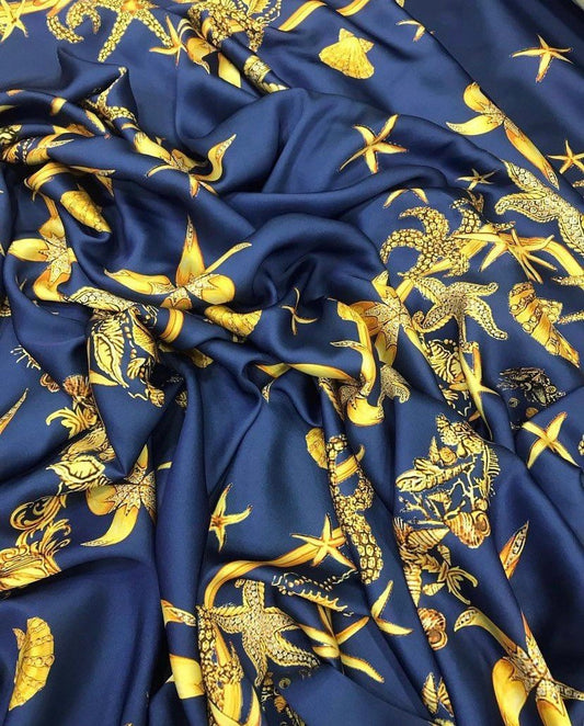 Navy Blue Sea Shell Pattern Luxury Fabric