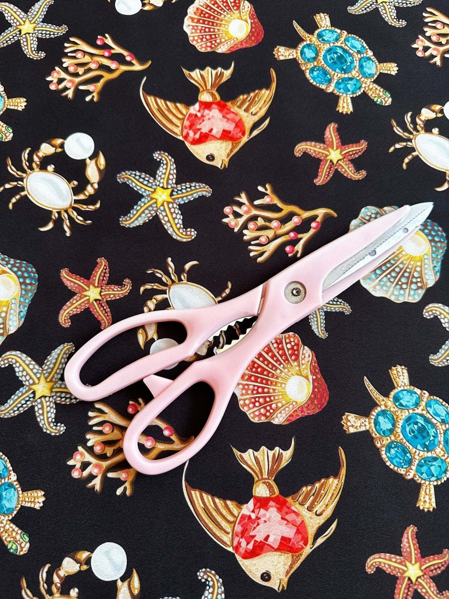 Sea Shell and Starfis Pattern Fabric – Custom Printed Fabric on Satin, Crepe, Spandex or Chiffon