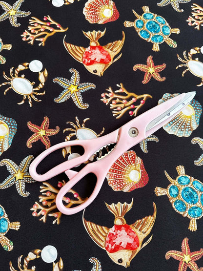 Sea Shell and Starfis Pattern Fabric – Custom Printed Fabric on Satin, Crepe, Spandex or Chiffon